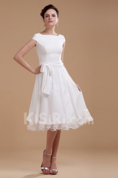 Chiffon Boat Neckline Short A-line Dress with Sash and Ruffle