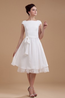 Chiffon Boat Neckline Short A-line Dress with Sash and Ruffle