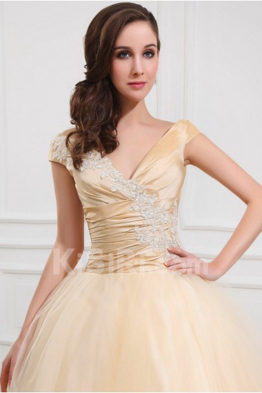 Taffeta and Yarn V-Neckline Tea-Length Ball Gown with Embroidery 