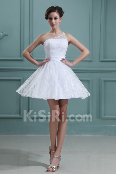 Lace and Satin One-Shoulder Short Dress with Embroidery