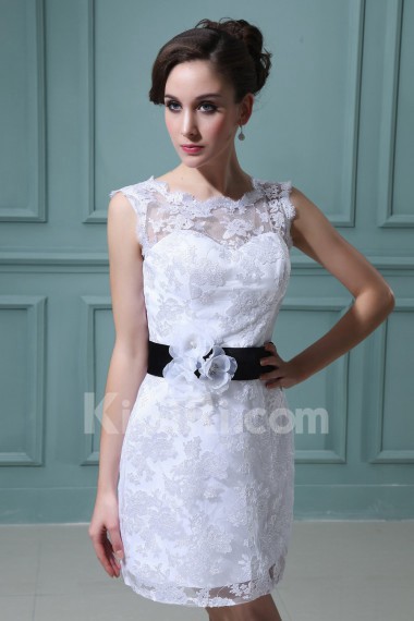 Lace Bateau Neckline Short Dress with Flowers