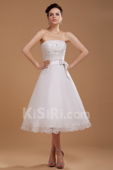 Satin and Yarn Strapless Tea-Length A-line Dress with Embroidery 