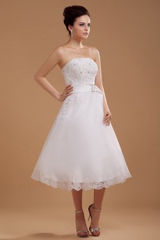 Satin and Yarn Strapless Tea-Length A-line Dress with Embroidery 