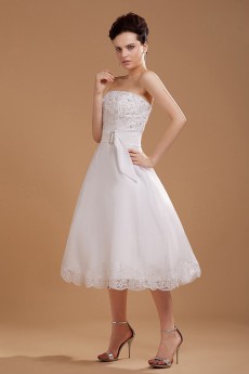 Satin and Yarn Strapless Tea-Length A-line Dress with Embroidery 