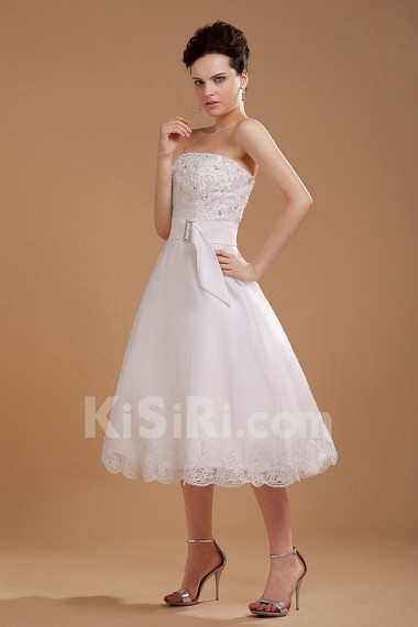 Satin and Yarn Strapless Tea-Length A-line Dress with Embroidery 