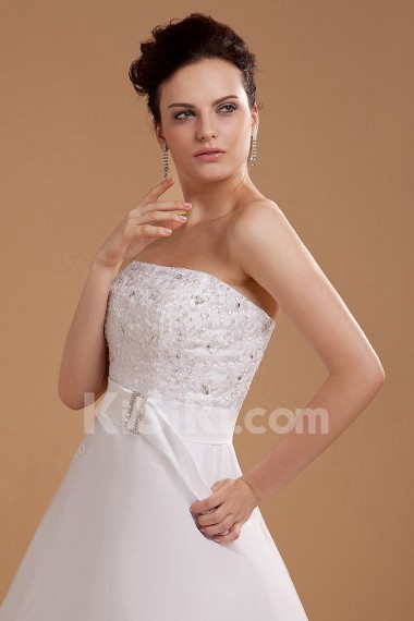 Satin and Yarn Strapless Tea-Length A-line Dress with Embroidery 