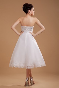 Satin and Yarn Strapless Tea-Length A-line Dress with Embroidery 