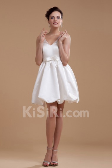 Satin V-Neckline Short Dress with Beaded and Bowtie