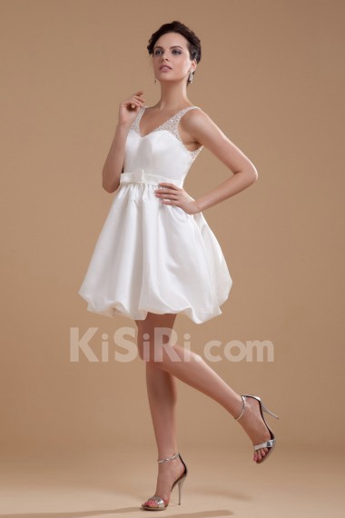 Satin V-Neckline Short Dress with Beaded and Bowtie