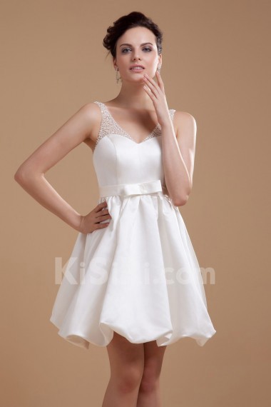 Satin V-Neckline Short Dress with Beaded and Bowtie