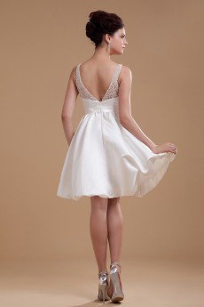 Satin V-Neckline Short Dress with Beaded and Bowtie