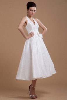 Satin Halter Neckline Tea-Length A-line Dress with Sash