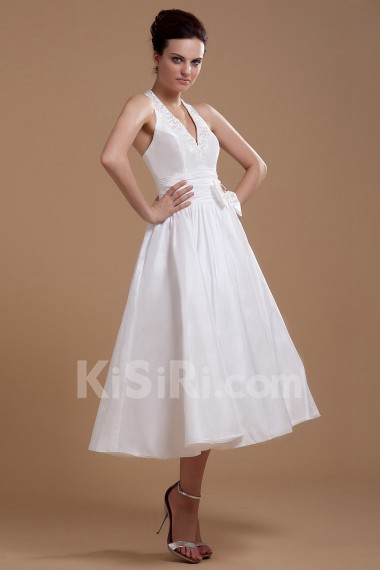 Satin Halter Neckline Tea-Length A-line Dress with Sash