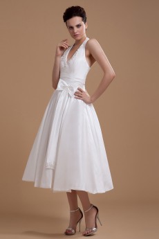 Satin Halter Neckline Tea-Length A-line Dress with Sash