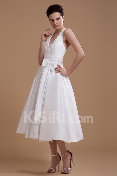 Satin Halter Neckline Tea-Length A-line Dress with Sash