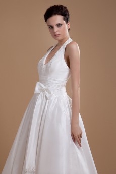 Satin Halter Neckline Tea-Length A-line Dress with Sash