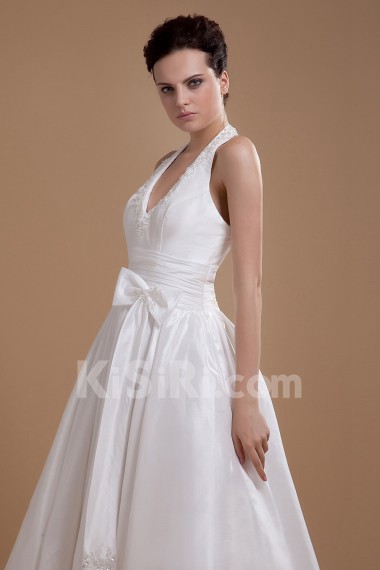 Satin Halter Neckline Tea-Length A-line Dress with Sash