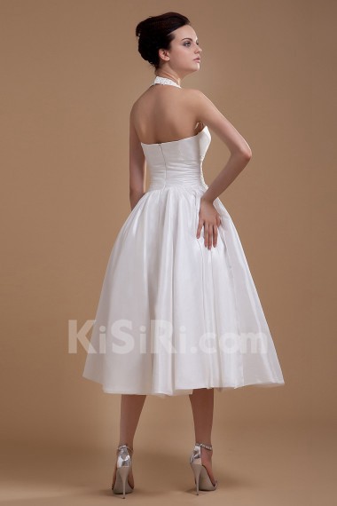 Satin Halter Neckline Tea-Length A-line Dress with Sash