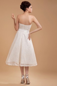 Satin and Lace Sweetheart Tea-Length A-line Dress with Hand-made Flower