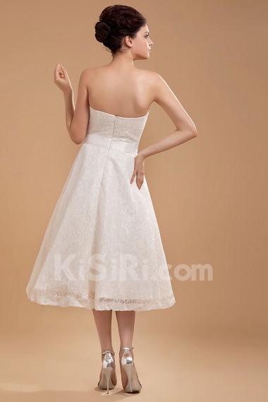 Satin and Lace Sweetheart Tea-Length A-line Dress with Hand-made Flower