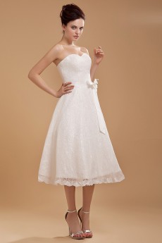 Satin and Lace Sweetheart Tea-Length A-line Dress with Hand-made Flower