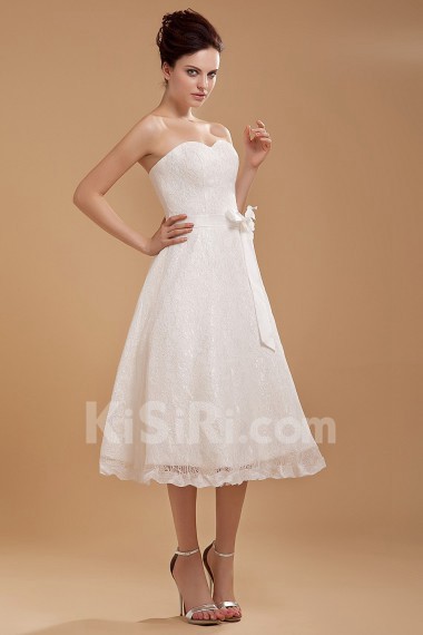 Satin and Lace Sweetheart Tea-Length A-line Dress with Hand-made Flower