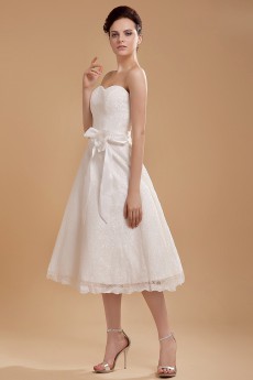 Satin and Lace Sweetheart Tea-Length A-line Dress with Hand-made Flower