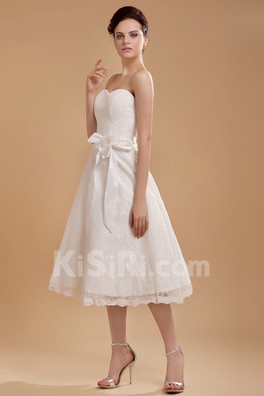 Satin and Lace Sweetheart Tea-Length A-line Dress with Hand-made Flower