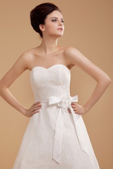 Satin and Lace Sweetheart Tea-Length A-line Dress with Hand-made Flower