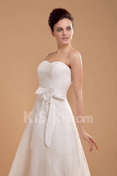 Satin and Lace Sweetheart Tea-Length A-line Dress with Hand-made Flower