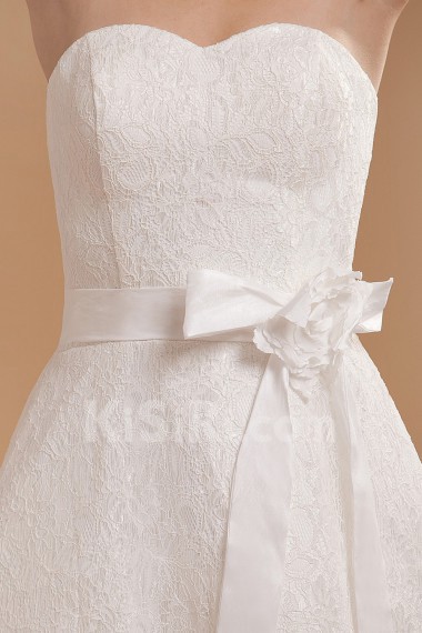 Satin and Lace Sweetheart Tea-Length A-line Dress with Hand-made Flower