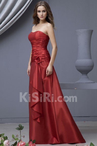 Satin Scoop Neckline Floor Length A-line Dress with Hand-made Flower