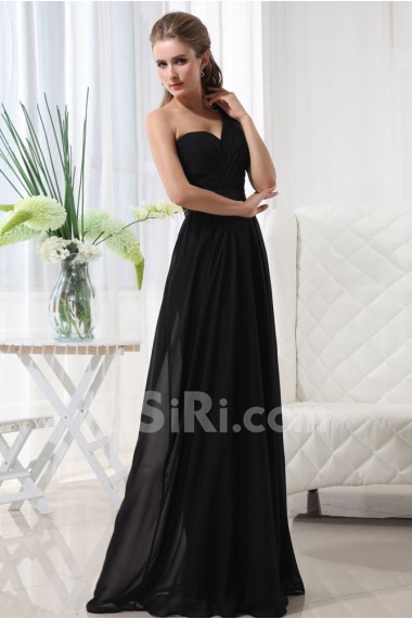 Chiffon One-Shoulder Floor Length Empire Dress with Ruffle and Flower