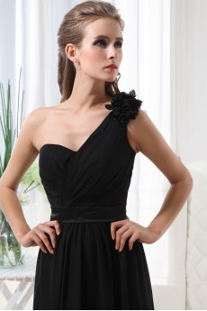 Chiffon One-Shoulder Floor Length Empire Dress with Ruffle and Flower