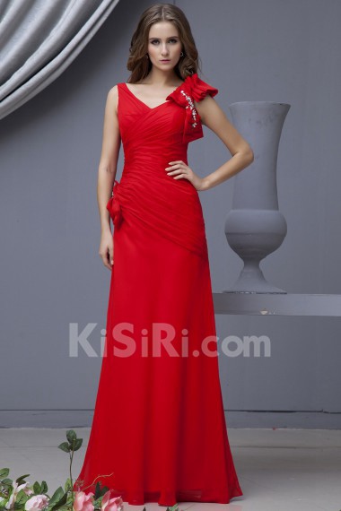 Chiffon V-Neckline Floor Length A-line Dress with Bowtie