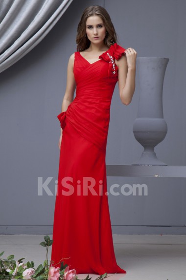 Chiffon V-Neckline Floor Length A-line Dress with Bowtie