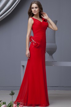 Chiffon V-Neckline Floor Length A-line Dress with Bowtie