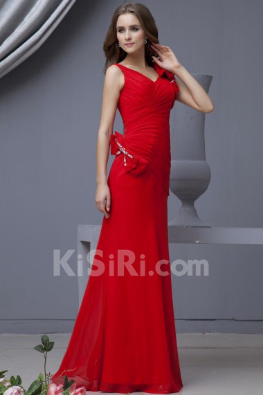 Chiffon V-Neckline Floor Length A-line Dress with Bowtie