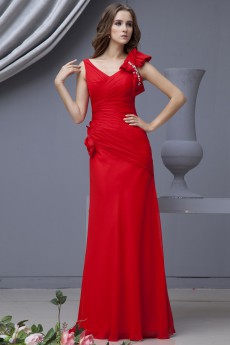 Chiffon V-Neckline Floor Length A-line Dress with Bowtie