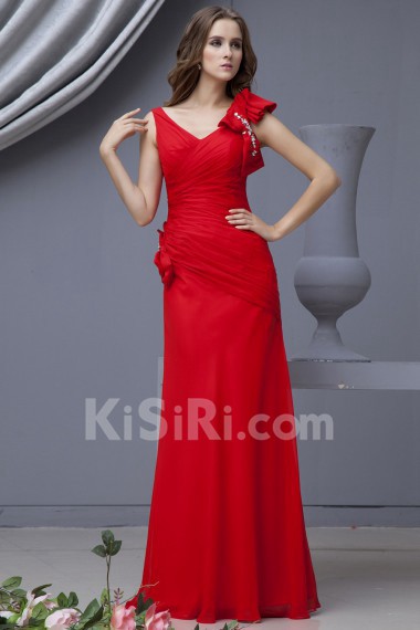 Chiffon V-Neckline Floor Length A-line Dress with Bowtie