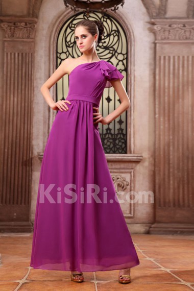 Chiffon One-Shoulder Ankle-Length A-line Dress with 