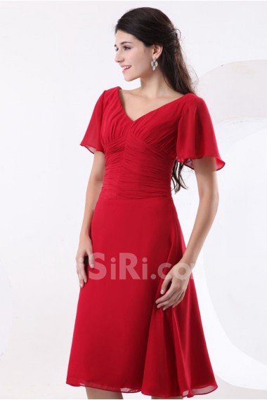 Chiffon V-Neckline Short A-line Dress with Short Sleeves