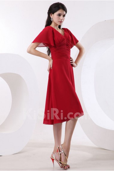 Chiffon V-Neckline Short A-line Dress with Short Sleeves