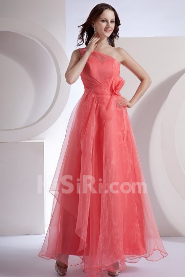 Chiffon One-Shoulder Ankle-Length Empire Dress with Hand-made Flower