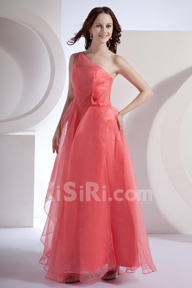 Chiffon One-Shoulder Ankle-Length Empire Dress with Hand-made Flower