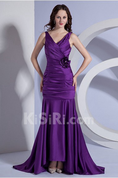 Taffeta V-Neckline Sheath Dress with Hand-made Flower