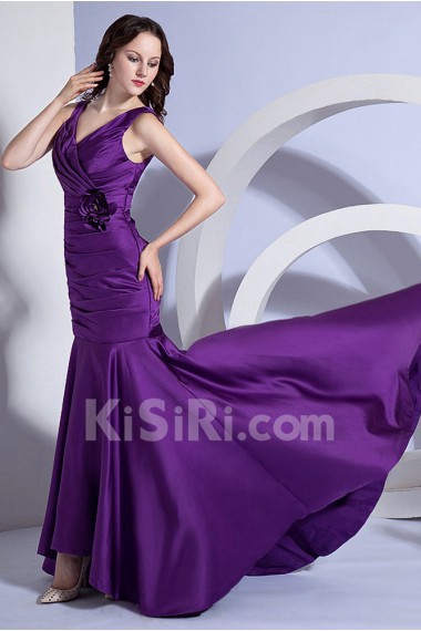 Taffeta V-Neckline Sheath Dress with Hand-made Flower