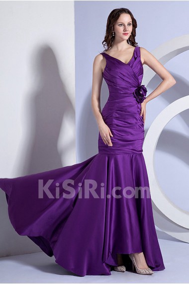 Taffeta V-Neckline Sheath Dress with Hand-made Flower