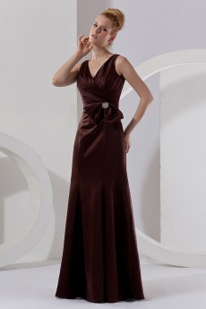 Satin V-Neckline Floor Length Sheath Dress with Ruffle and Flowers