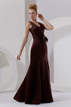 Satin V-Neckline Floor Length Sheath Dress with Ruffle and Flowers